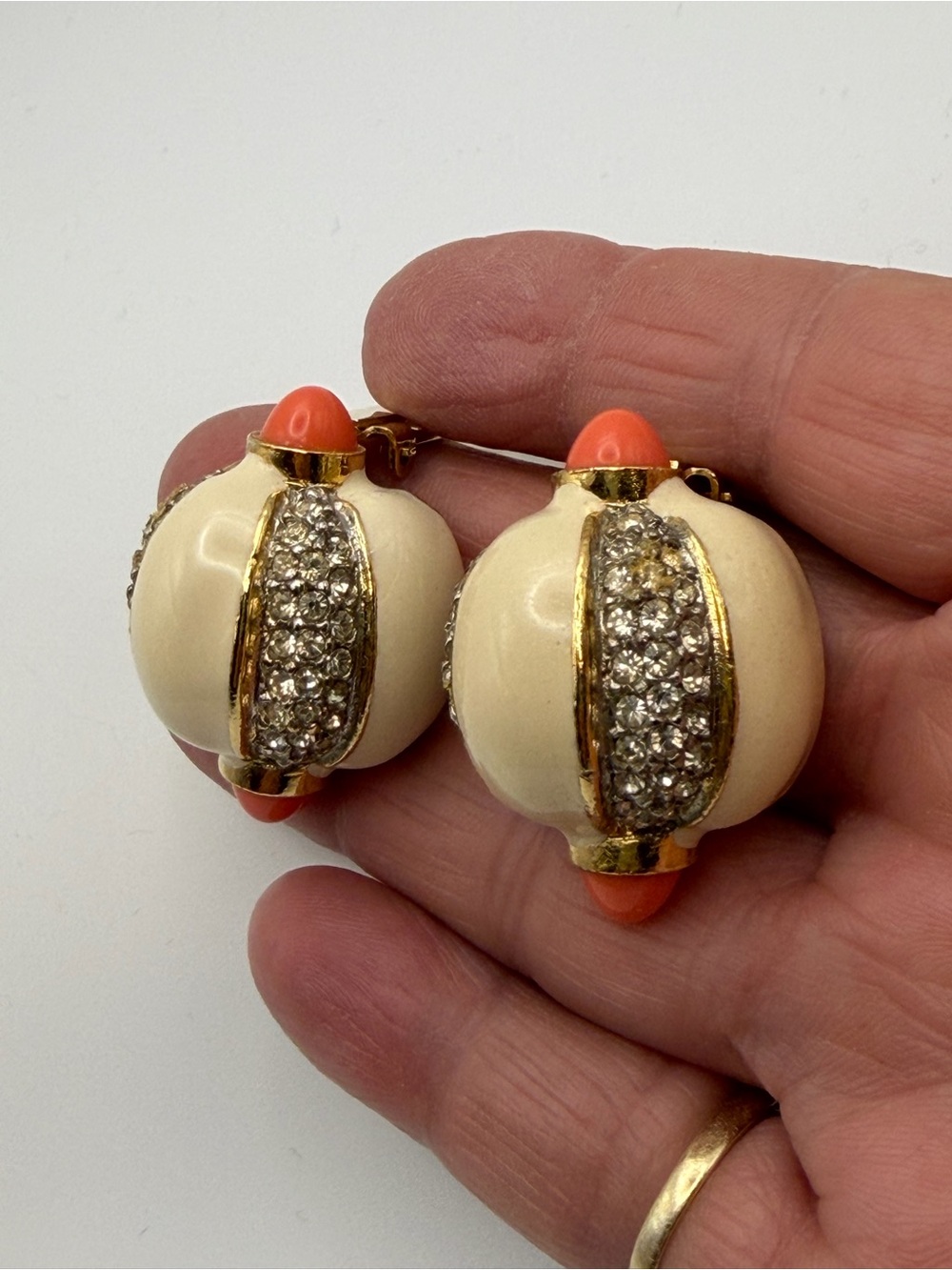 Vintage Kenneth Jay Lane KJL cream enamel faux coral rhinestone clip earrings